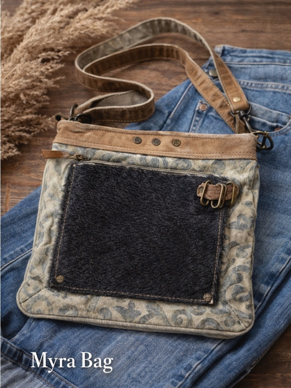 Myra Bag Boho Crossbody Faux Fur Canvas Leather Small Purse Western